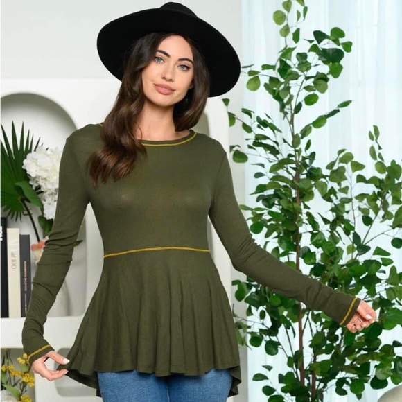 Tops | New Juniors Cute Boutique Olive Green Peplum Long Sleeve Top |  Poshmark